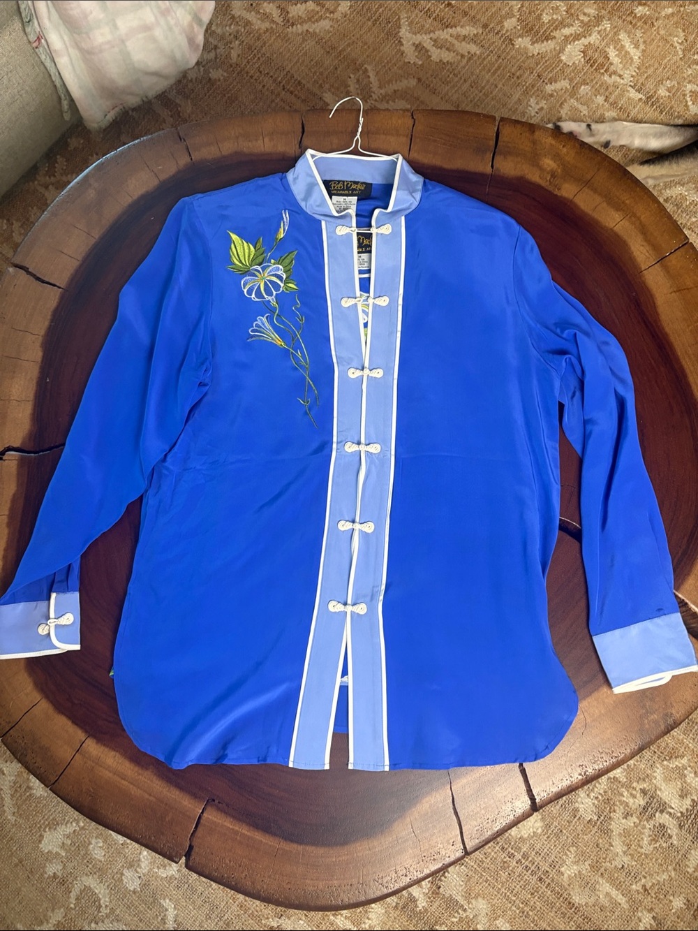 Vintage Bob Mackie Blue Silk Mandarin Collar Embroidered 2-Piece Top Set Size M